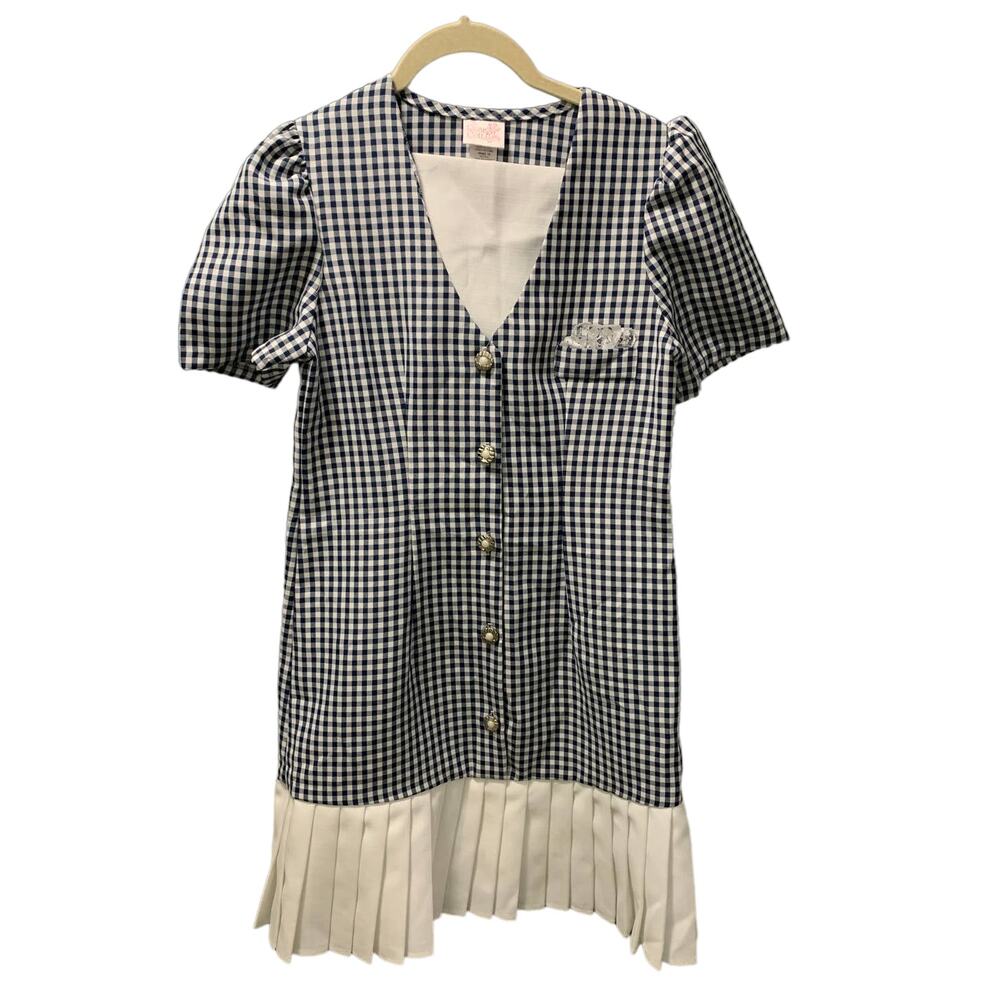 Rose Cottage Vintage 1980's Checked Plaid Pleated Dress Blue/White Size 16/XS/S